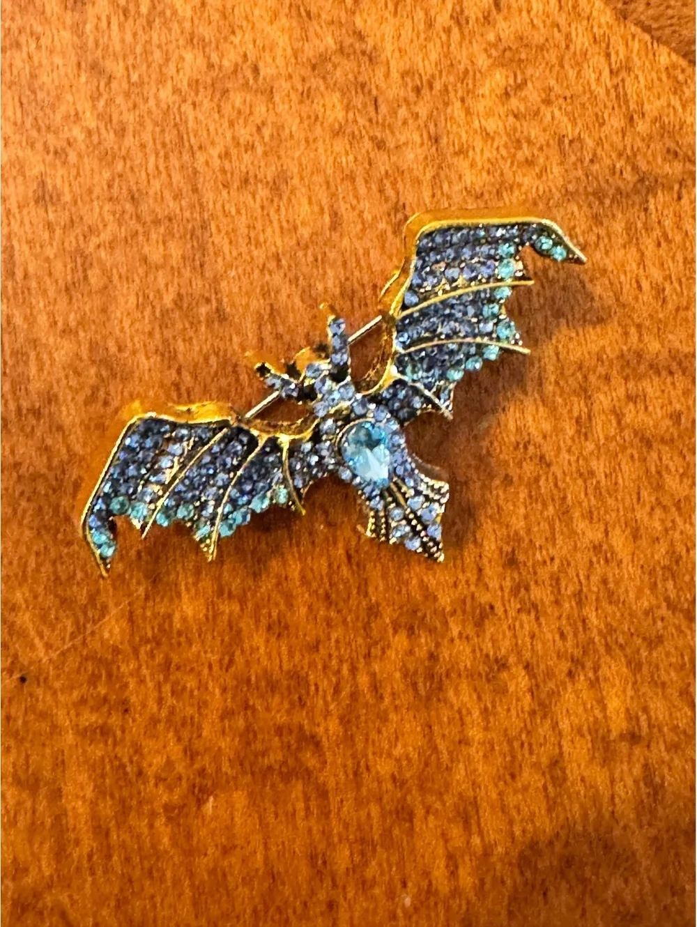 Vintage Blue Rhinestone Bat Brooch Pin with Gold Tone Metal 383
